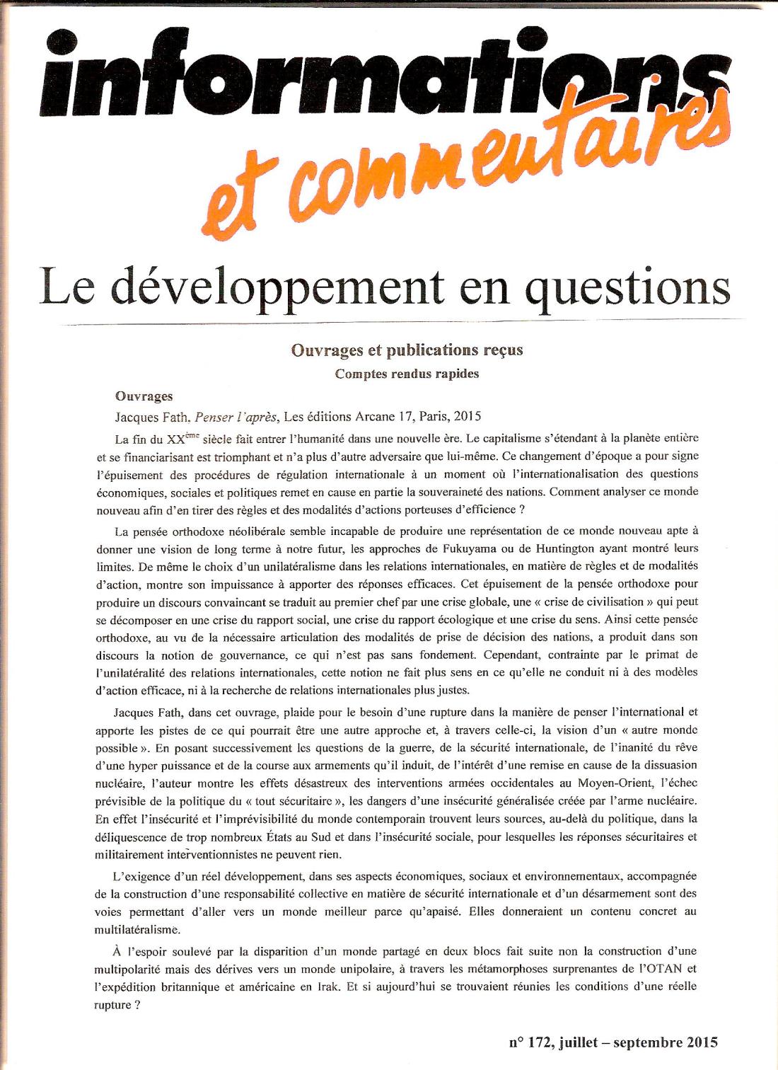 Penser l'après...IC No 172 juillet-septembre 2015